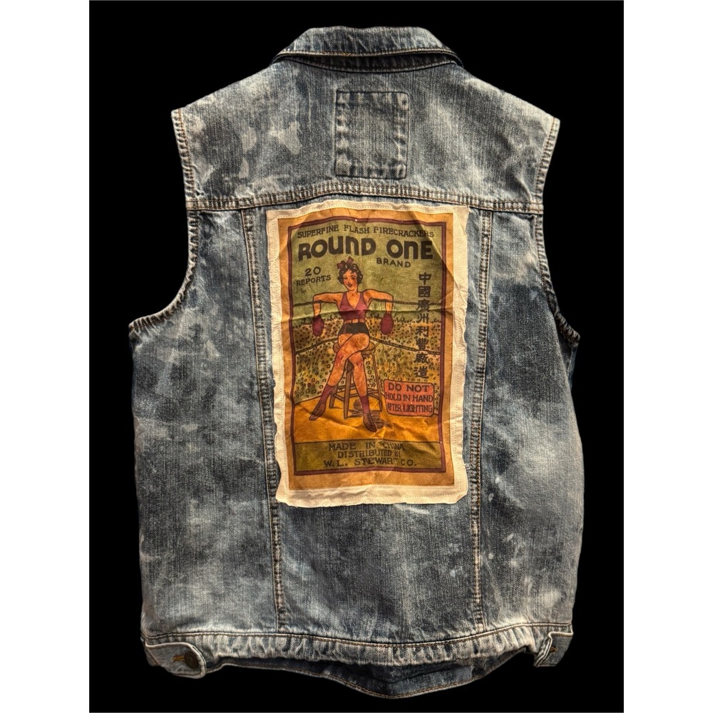 Mudd Brand Oversized Denim Vest with 1930s Boxing Girl Raw Edge Patch‎
